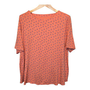 J Jill Tee Womens Size 2X Orange Floral Print 100% Pima Slub Elbow Length Sleeve